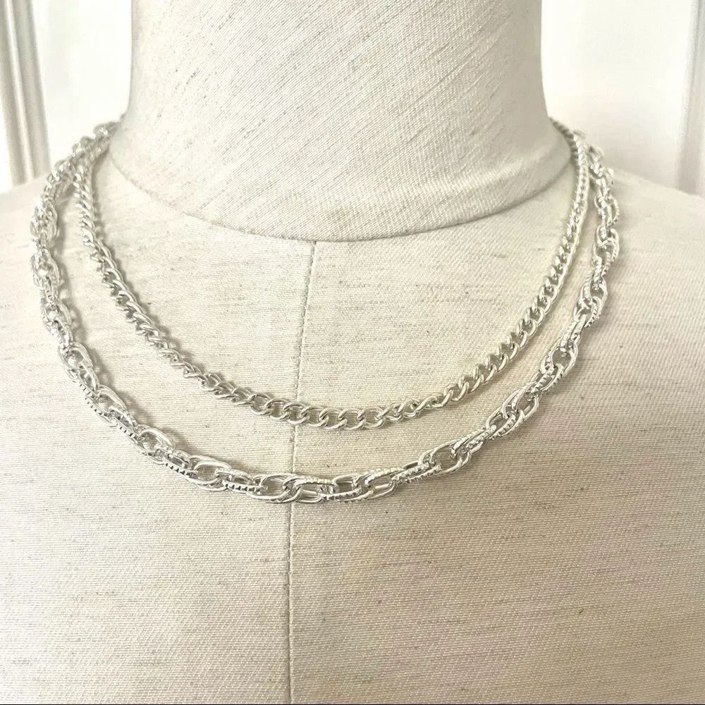 Silver tone double chain necklace